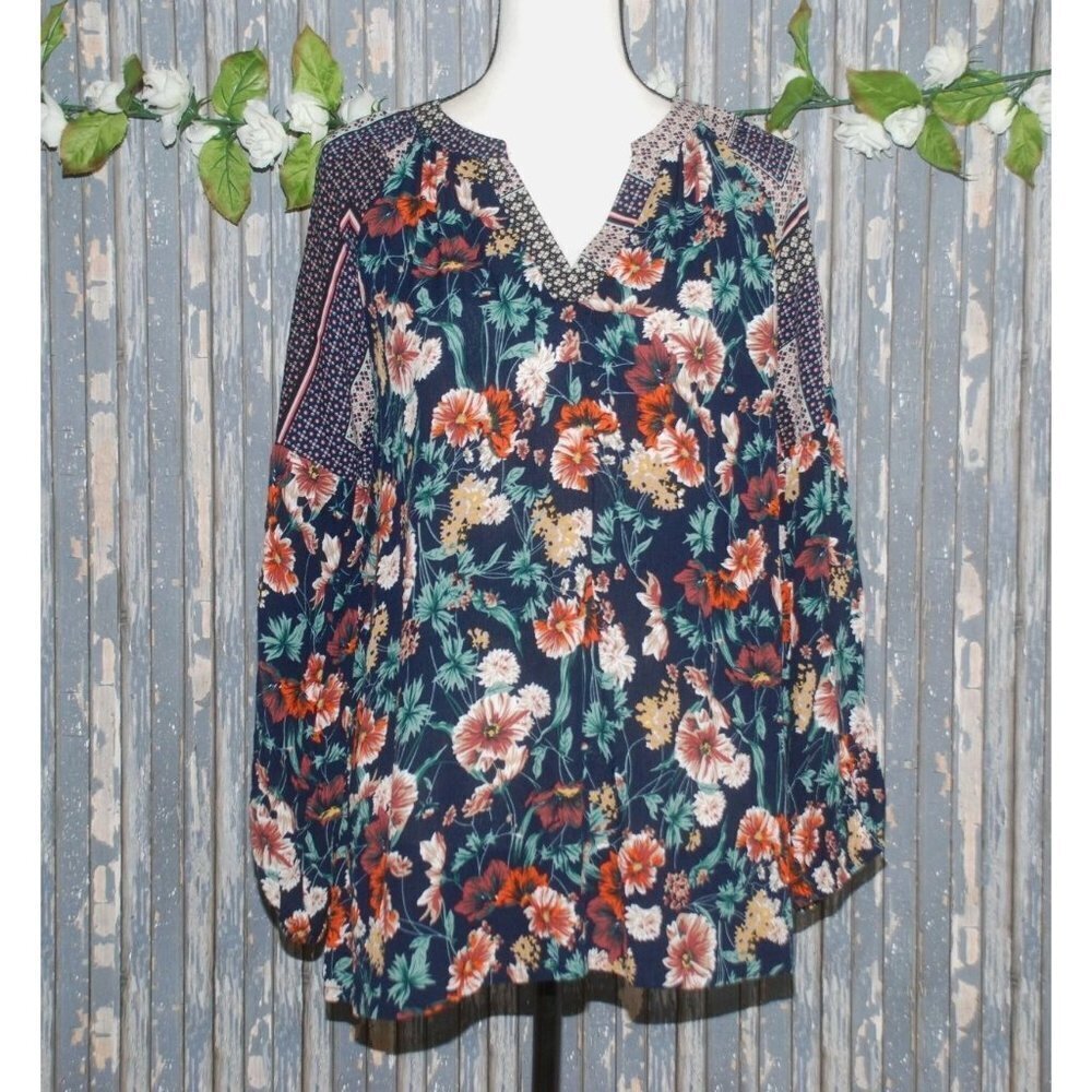 Jodifl Boho Blue Floral Blouse Top Size S V-Neck Long Bubble Sleeves Oversized